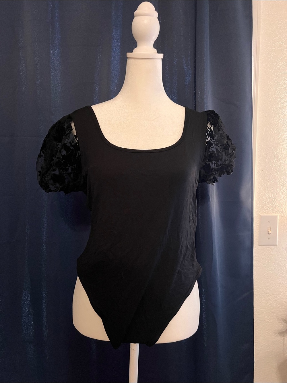 Black Bodysuit with Sheer Floral Puff Sleeves – Square Neck, Mesh – Size L